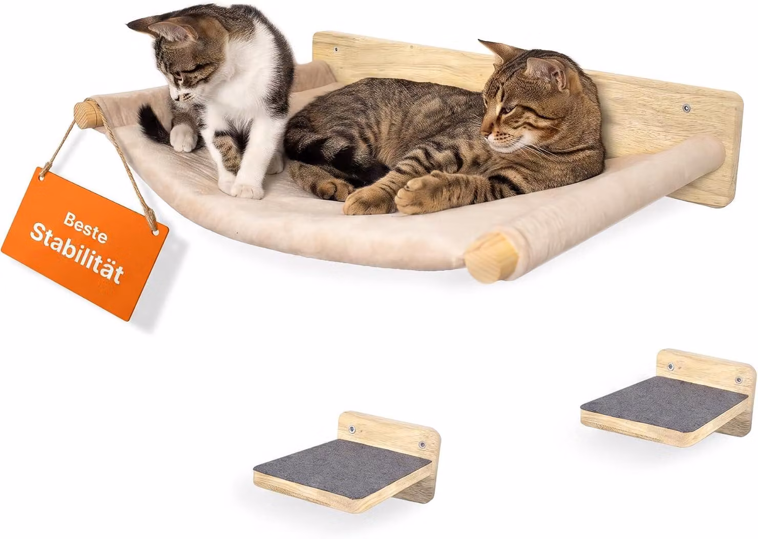 Pannello da parete per gatti in legno massello, con 2 scalette, un tiragraffi a parete e una amaca, ideale per interni