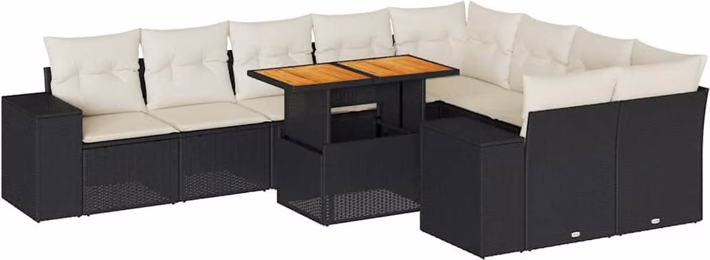 Set Divani Giardino 10pz con Cuscini Nero in Polyrattan Acacia