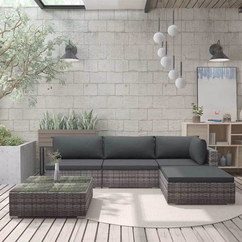 Set Divani da Giardino vidaXL 5 Pezzi con Cuscini e Tavolino in Polyrattan Grigio – 1
