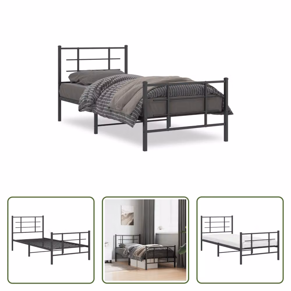 The Living Store Struttura letto con testiera e pediera in metallo nero 90x200 cm