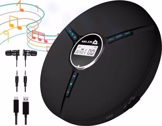 Lettore CD portatile con batteria integrata e cuffie, compatibile con CD-R, CD-RW e MP3, colore nero