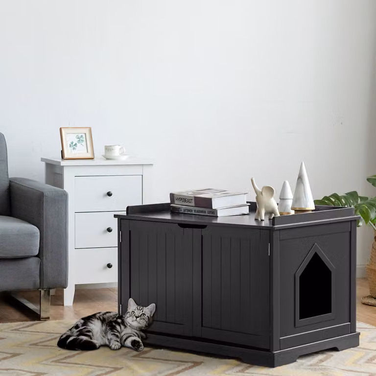 Casetta per gatti multifunzionale Costway in legno resistente, colore nero