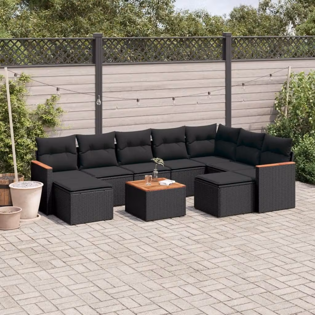 vidaXL Set Divani da Giardino 10 Pezzi in Polyrattan Nero con Cuscini e Tavolino da Esterno – 1