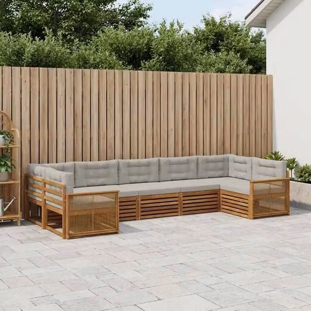 Set di divani da esterno a L vidaXL in legno di acacia con cuscini, 7 pezzi, Beige e Grigio