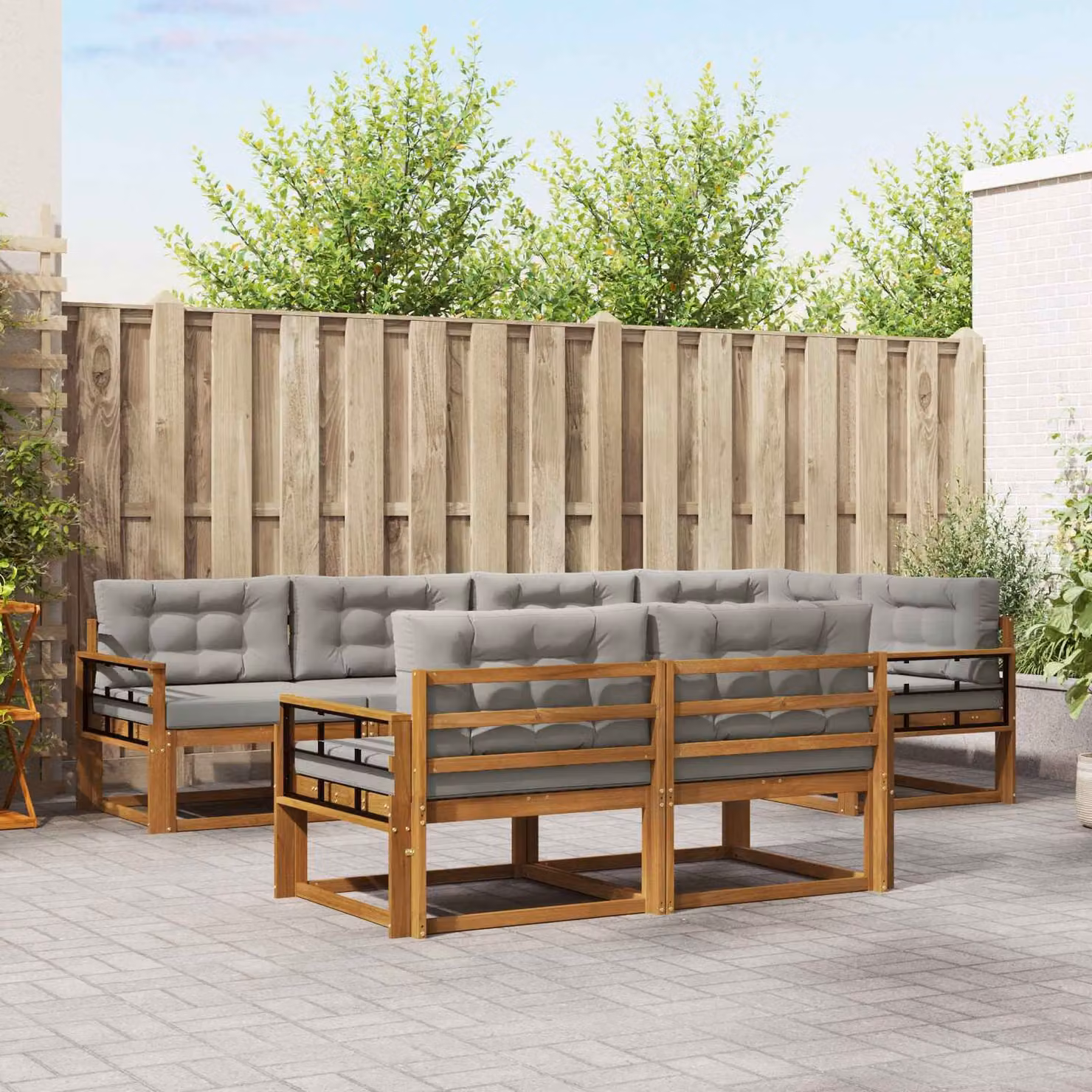 vidaXL Set di divani da esterno a L composto da 8 pezzi in legno di acacia con cuscini, colore marrone e grigio