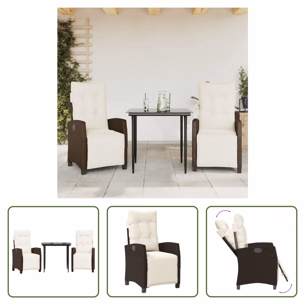 The Living Store Set da pranzo da giardino in 3 pezzi con cuscini in poly rattan marrone
