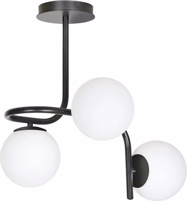Lampadario a sospensione moderno Luceart-Classic Ramachandra con 3 luci a bracci in acciaio nero e sfere in vetro bianco opalino