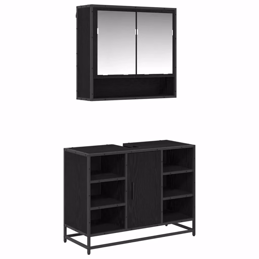Set di mobili da bagno moderno vidaXL composto da mobile sottolavabo e armadietto con specchio in legno e metallo nero – 2