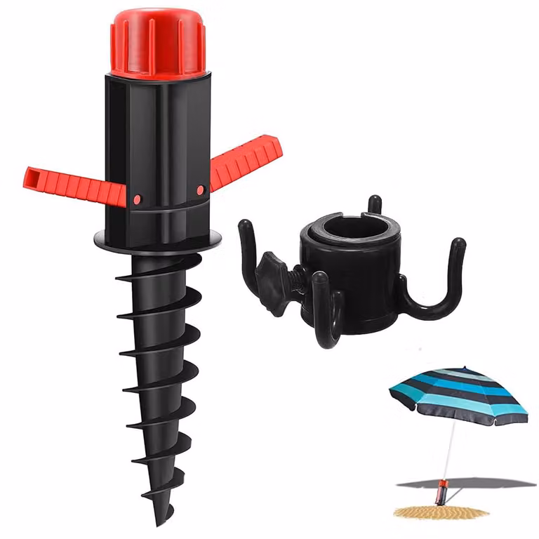 Supporto per ombrellone - 2 maniglie - Modello a vite - Stabile nel terreno - Adatto per pali da 22-32 mm - Ideale per spiaggia, sabbia, prato, giardino - Colore: nero