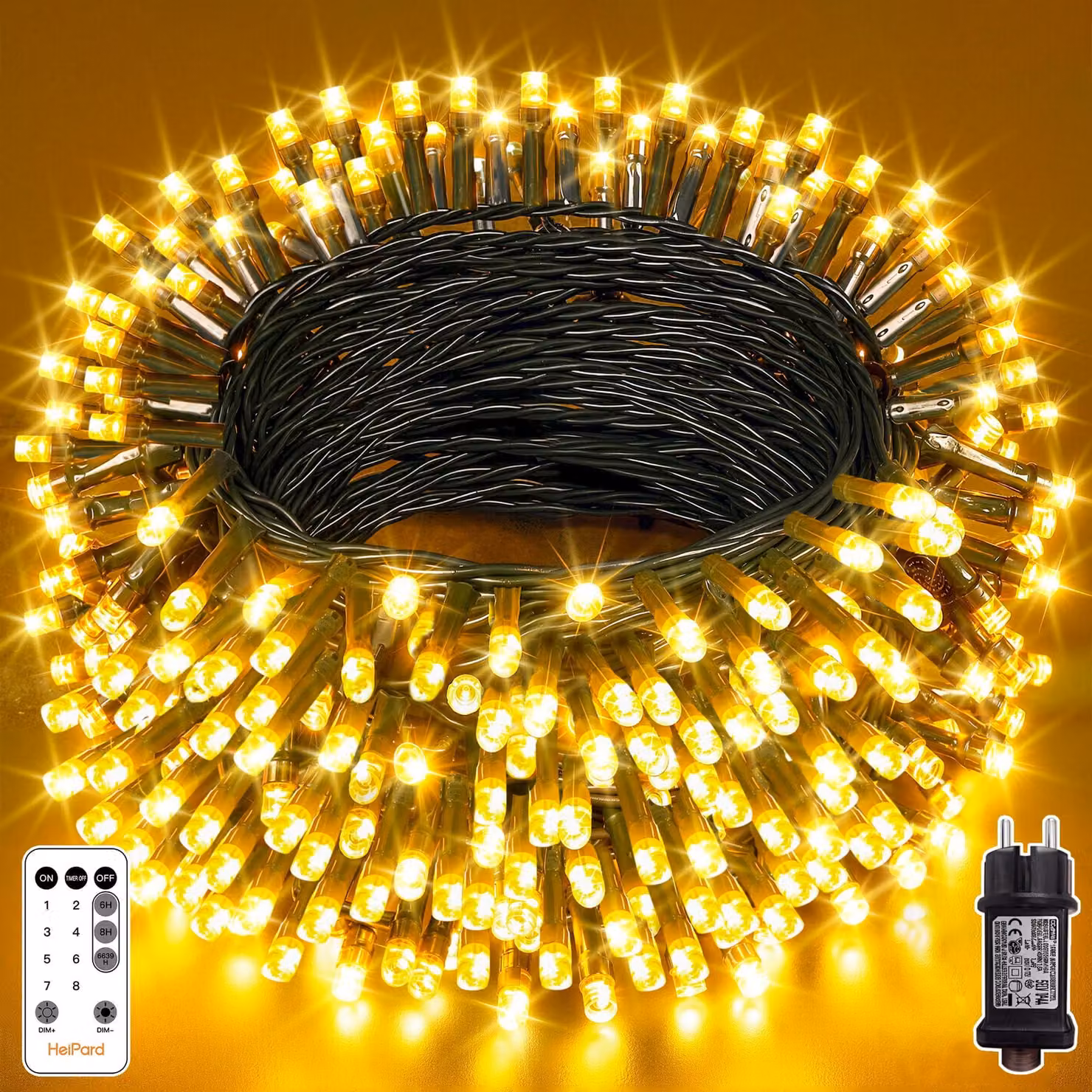 Catena luminosa a LED, 40 metri, 400 LED bianco caldo, 8 modalità, timer, telecomando, grado di protezione IP44