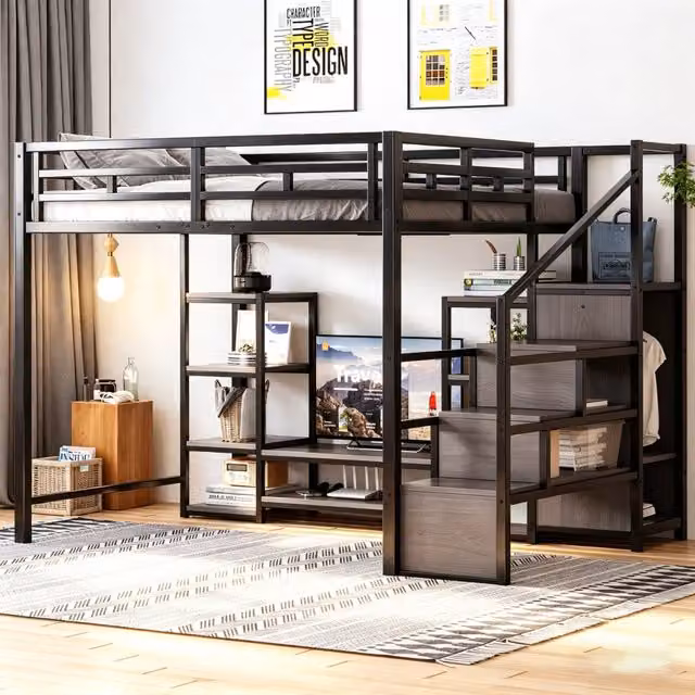 Letto a soppalco 140x200 cm con porta TV; presa e scala in metallo e MDF nero