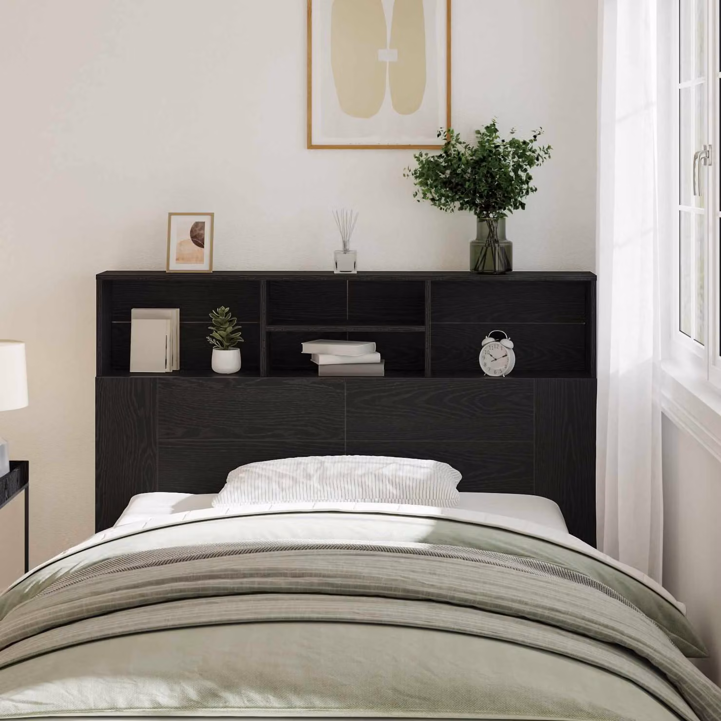 Testata del letto moderna vidaXL in legno ingegnerizzato nero con ripiano integrato L: 140 cm, H: 103,5 cm, P: 20,85 cm