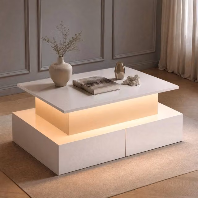 Tavolino da caffè bianco lucido con LED, 4 cassetti e piano estraibile, 90x55x41 cm