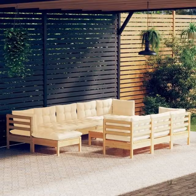 Set di Divani da Giardino vidaXL in Legno di Pino con Cuscini Beige, 11 Pezzi – 1
