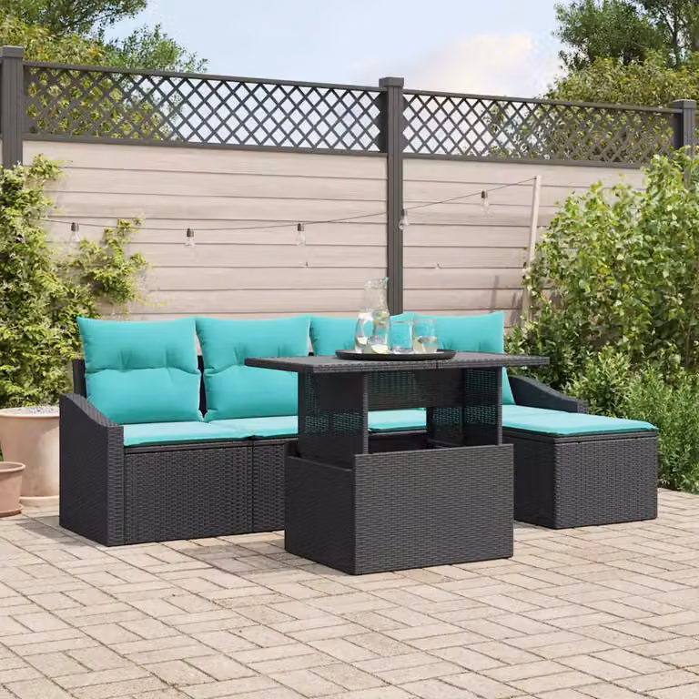 Set Divano da Giardino vidaXL 6 Pezzi Moderno in Polyrattan con Cuscini Nero e Blu