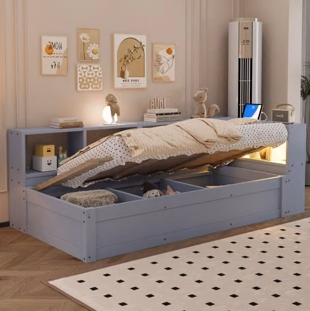 Letto multifunzione MODFU grigio con contenitore a sollevamento, illuminazione LED, porta USB e mensola integrata, L/P: 90 x 200 cm