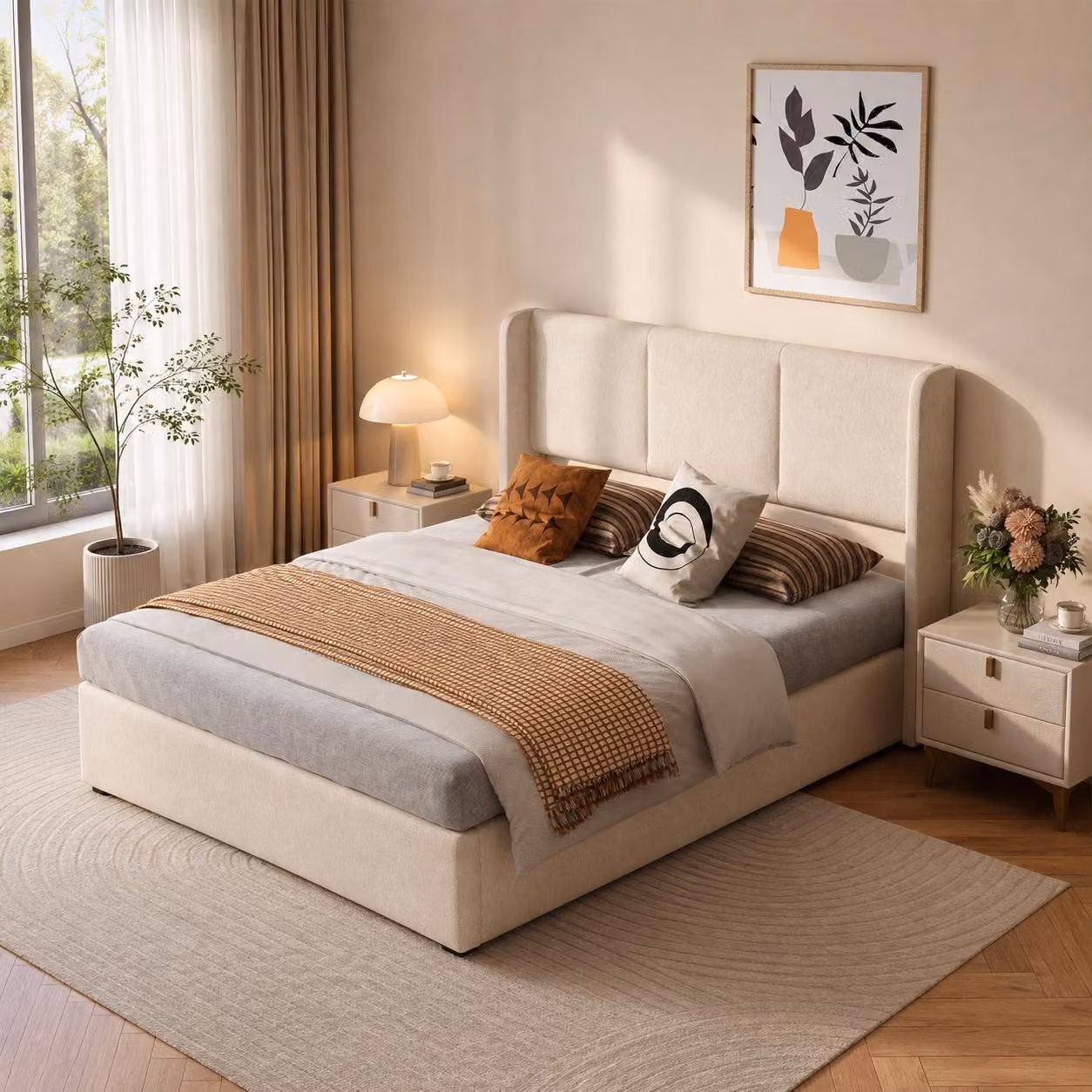 Letto imbottito INONEFT, 160x200 cm, con spazio contenitore, letto per ragazzi con meccanismo a sollevamento idraulico, letto matrimoniale per ragazzi con rete a doghe, colore: lino, beige