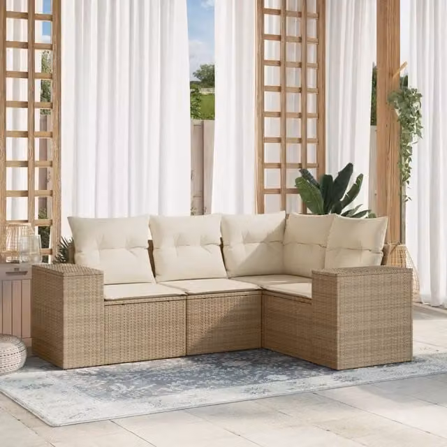 Set Divano da Giardino Moderno VIDAXL in Polyrattan con Cuscini Beige a Forma di L, 4 Pezzi – 1