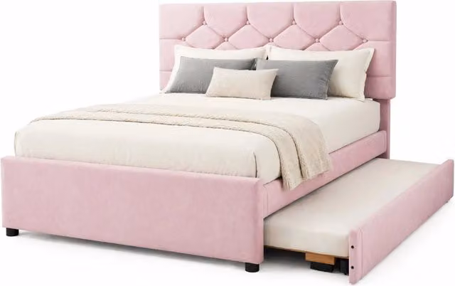 Letto imbottito 140x200 cm in velluto rosa con letto estraibile reversibile, rete a doghe e testiera con bottoni, stile minimalista per camera moderna