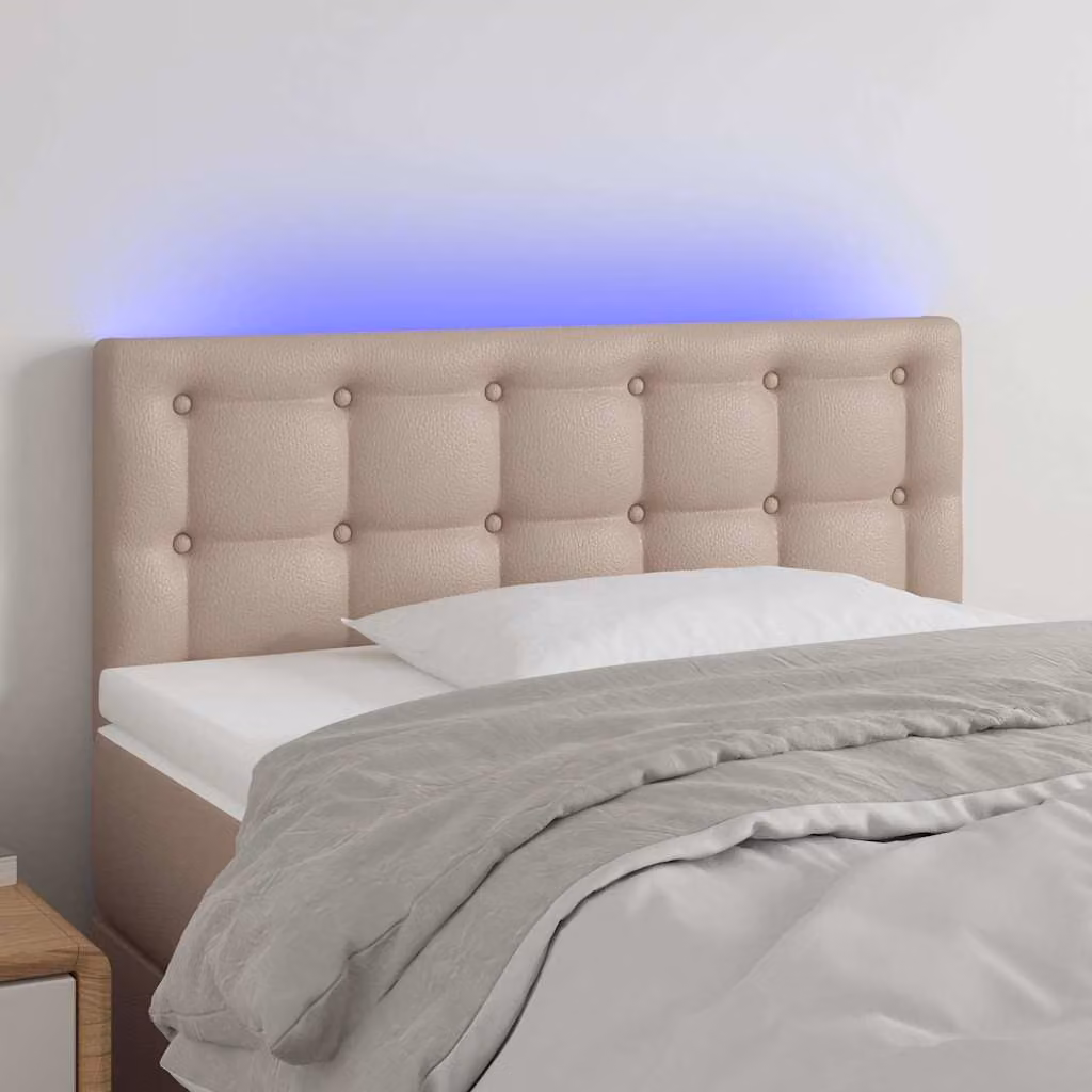 Testiera per letto vidaXL in similpelle color cappuccino con illuminazione LED e porta di ricarica USB, L 100 x P 5 x H 78-88 cm