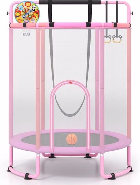 Trampolino 6in1 per bambini con rete di protezione, altalena, sbarra, anelli, canestro e bersaglio, uso interno ed esterno, Rosa, H: 210 cm, L: 154 cm, P: 154 cm