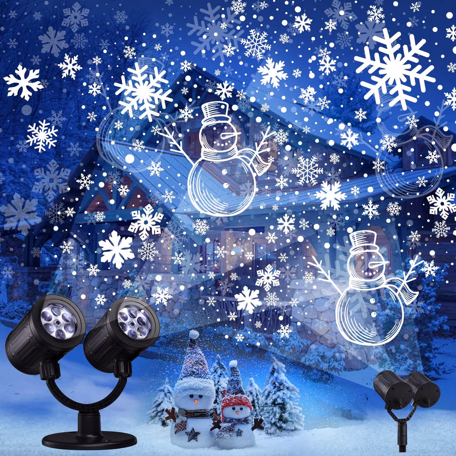 Proiettore a LED con decorazioni a tema invernale: fiocchi di neve, pupazzo di neve, design a doppio lato, impermeabile, con timer, rotazione a 360°