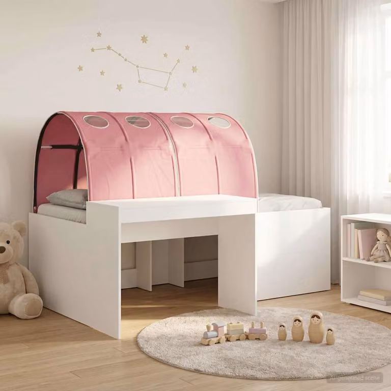 Letto singolo per bambini vidaXL con struttura a casetta e tunnel, Bianco e Rosa, L/P/H: 203 x 120 x 133,5 cm