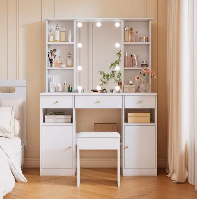 Tavolo da trucco bianco con specchio LED regolabile; 3 cassetti e 2 ante; 110x40x151 cm