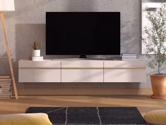 Mobile porta TV Paitone DMORA con un ripiano, stile moderno, colore beige e rovere, L: 192 cm, P: 42 cm, H: 32 cm