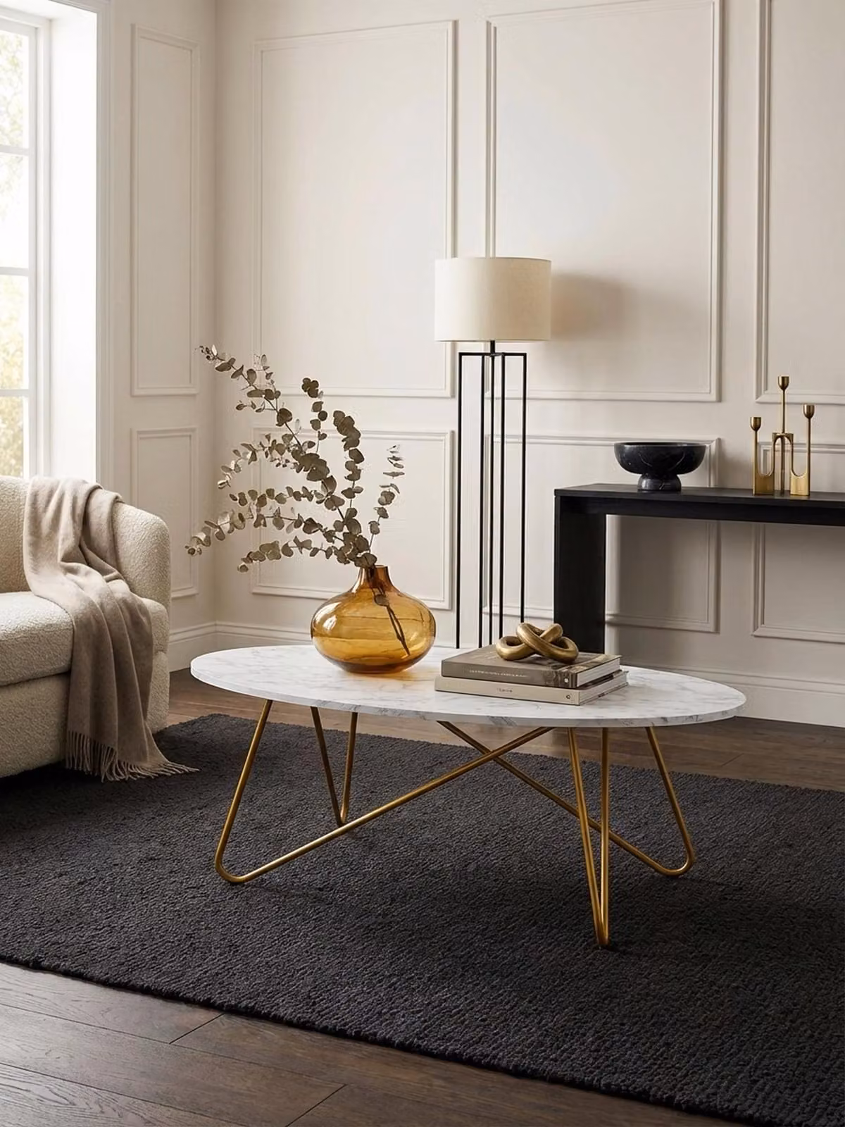 Tavolino da salotto 120x40x60 cm con effetto marmo bianco, tavolino da salotto con struttura in metallo, tavolino da divano ovale, tavolino da salotto, tavolino da salotto