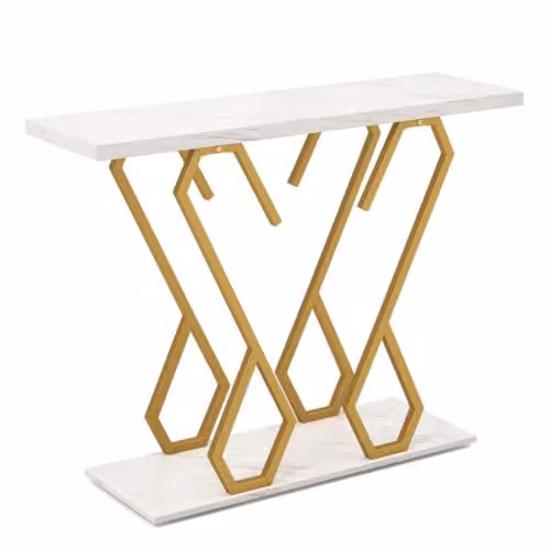 Helloshop26 Consolle - Tavolo d'ingresso, 100 x 30 x 79 cm, capacità 75 kg, design elegante e moderno, in MDF bianco e dorato 20_0019448