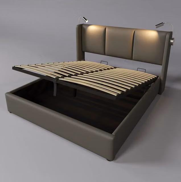 Letto matrimoniale imbottito 160x200 cm con contenitore, testiera con luce da lettura e funzione di ricarica USB, struttura in legno massiccio, PU e metallo