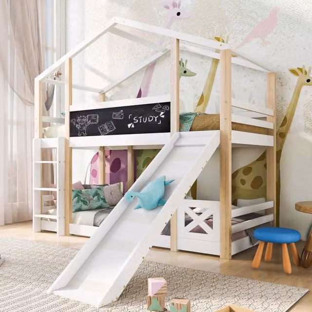 Letto a Castello con Scivolo e Lavagna 90x200 cm in Legno Massello Bianco