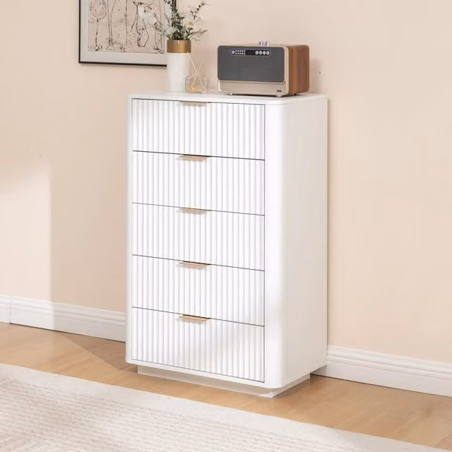 Cassettiera 70x40x108 cm a 5 cassetti con chiusura ammortizzata in MDF bianco