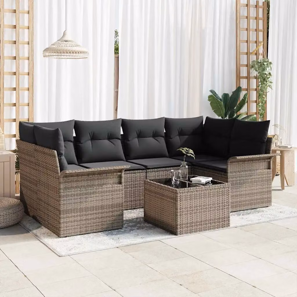 Set Divano da Giardino vidaXL 7 Pezzi a Forma di L in Polyrattan Grigio con Tavolino e Cuscini – 1