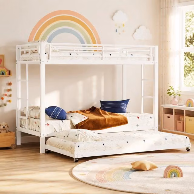 Desviae Letto a castello per bambini 90 × 200 cm con letto estraibile in metallo bianco e sponde alte EN 747