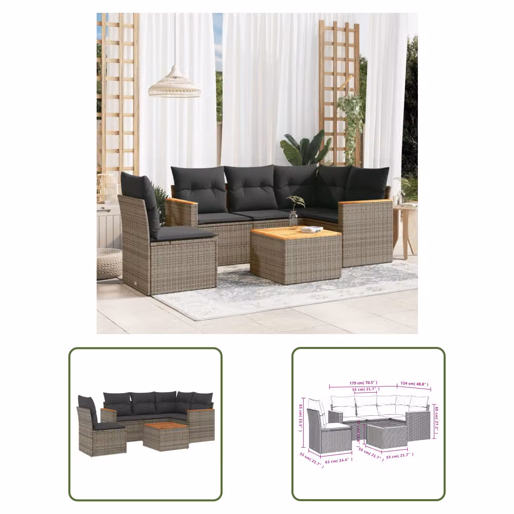 The Living Store Set di divani da giardino 6 pezzi con cuscini in poly rattan grigio