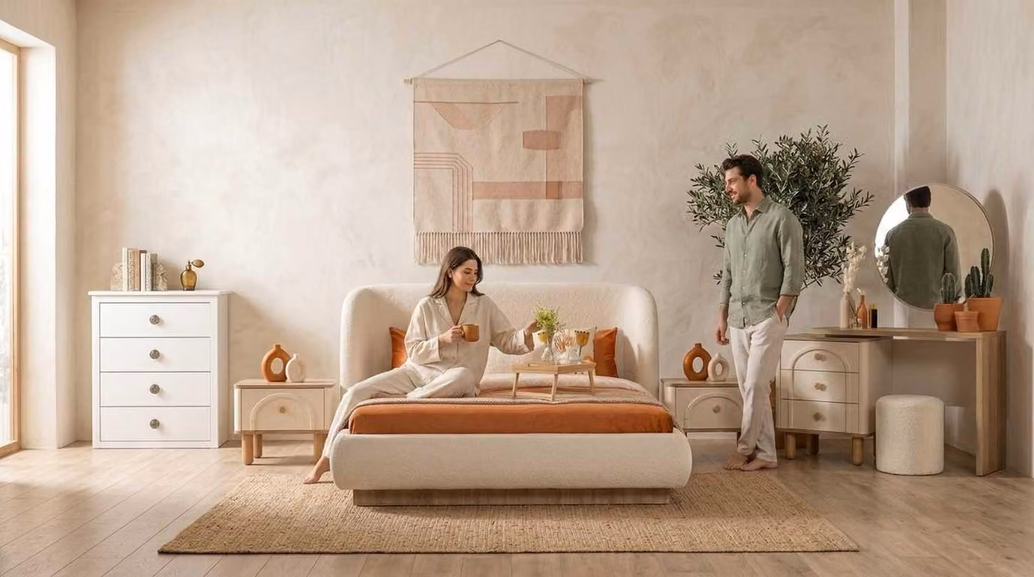 Schlafzimmer Set Beige Modern Luxus Bett Nachttisch Schminktisch