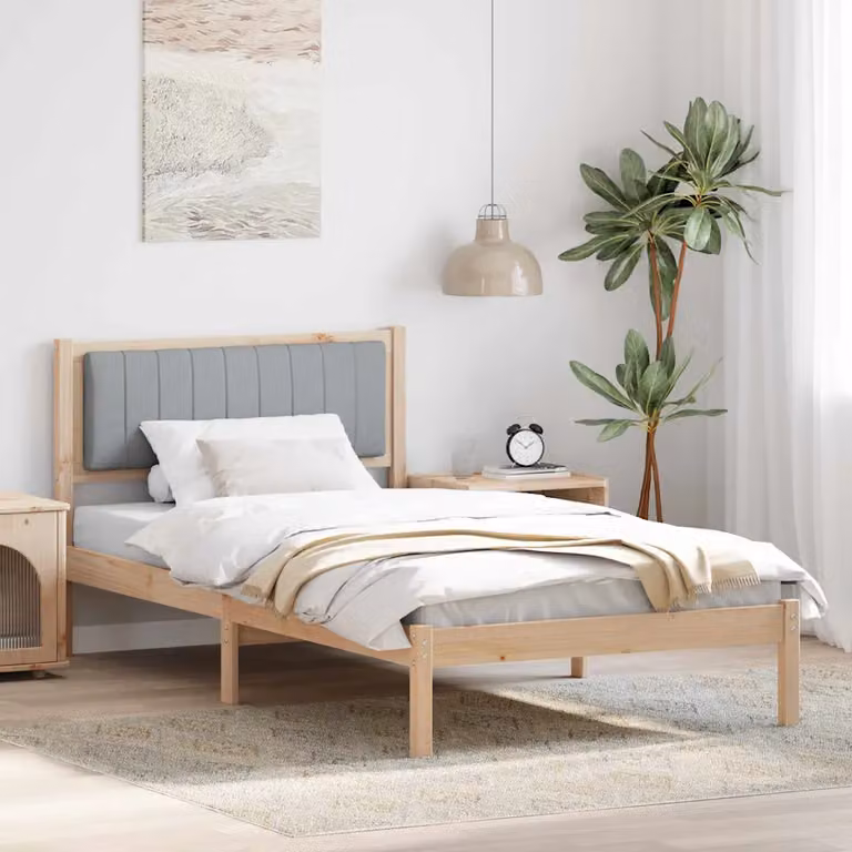 Letto moderno vidaXL con testiera rivestita in tessuto e struttura in legno di pino, Grigio e Marrone, L/P/H: 100 x 200 x 85,5 cm