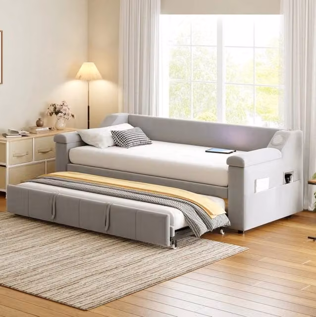 Divano letto imbottito 90/180x190 cm grigio in velluto con Bluetooth e USB