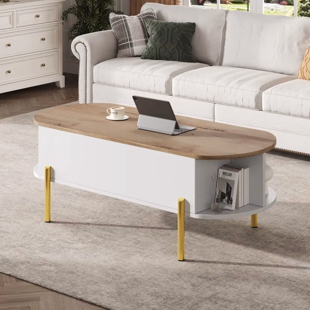 Tavolino da caffè sollevabile WISHDOR con vano contenitore, finitura bianca e dettagli oro, L: 120 cm, P: 50 cm, H: 43 cm – 2