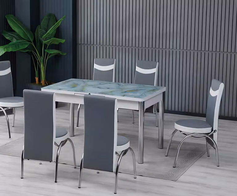 Gruppo di mobili da pranzo: tavolo da pranzo, sedie, colore grigio, tessuto, marmo, forma rettangolare
