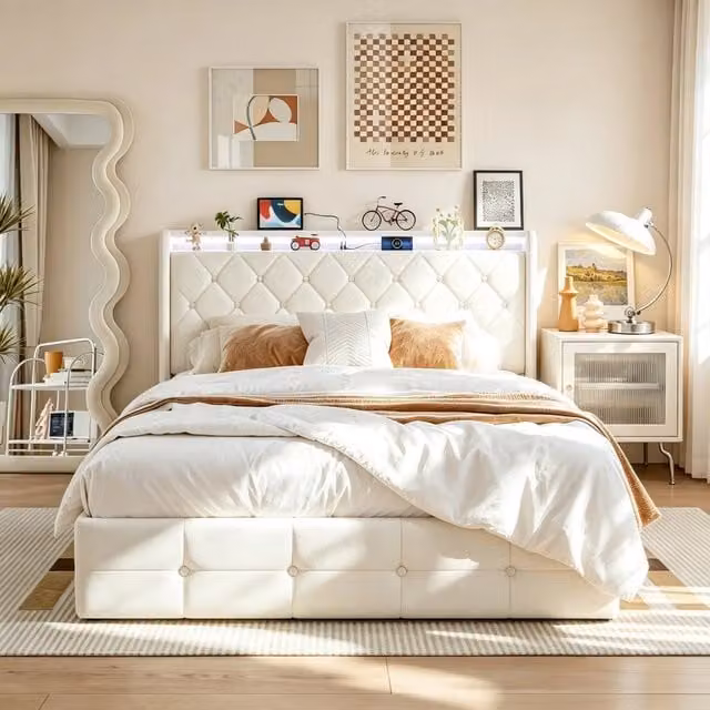 Letto Matrimoniale 140x200 Imbottito;Letto Contenitore con Ripiano; LED RGB;USB-C;Sistema di sollevamento idraulico;beige Velluto