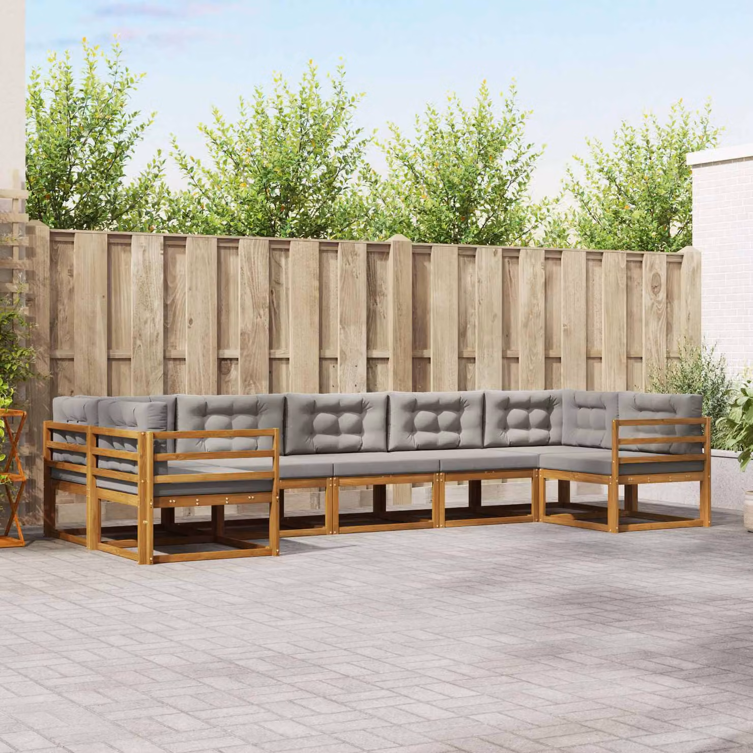 Set di divani da esterno vidaXL a forma di L in legno di acacia con cuscini, 7 pezzi, Grigio