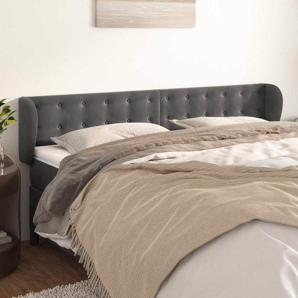 Testiera ad orecchio vidaXL in velluto grigio scuro con struttura in legno L: 163 cm, P: 23 cm, H: 78/88 cm