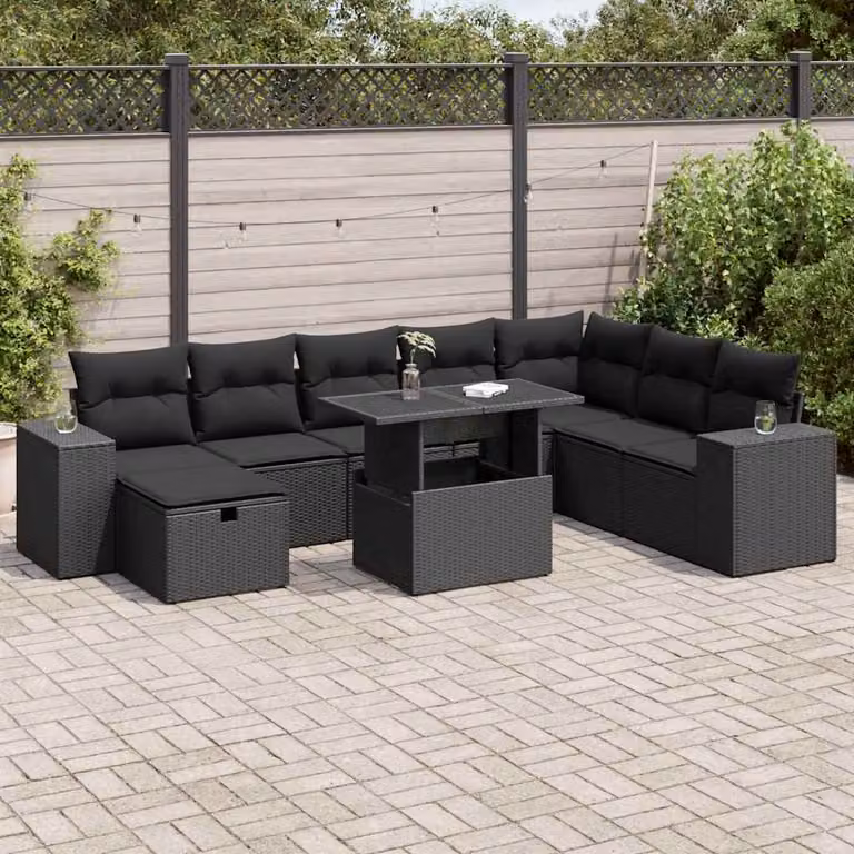Set di divani da giardino vidaXL in polyrattan nero con cuscini, componibile a L per esterno