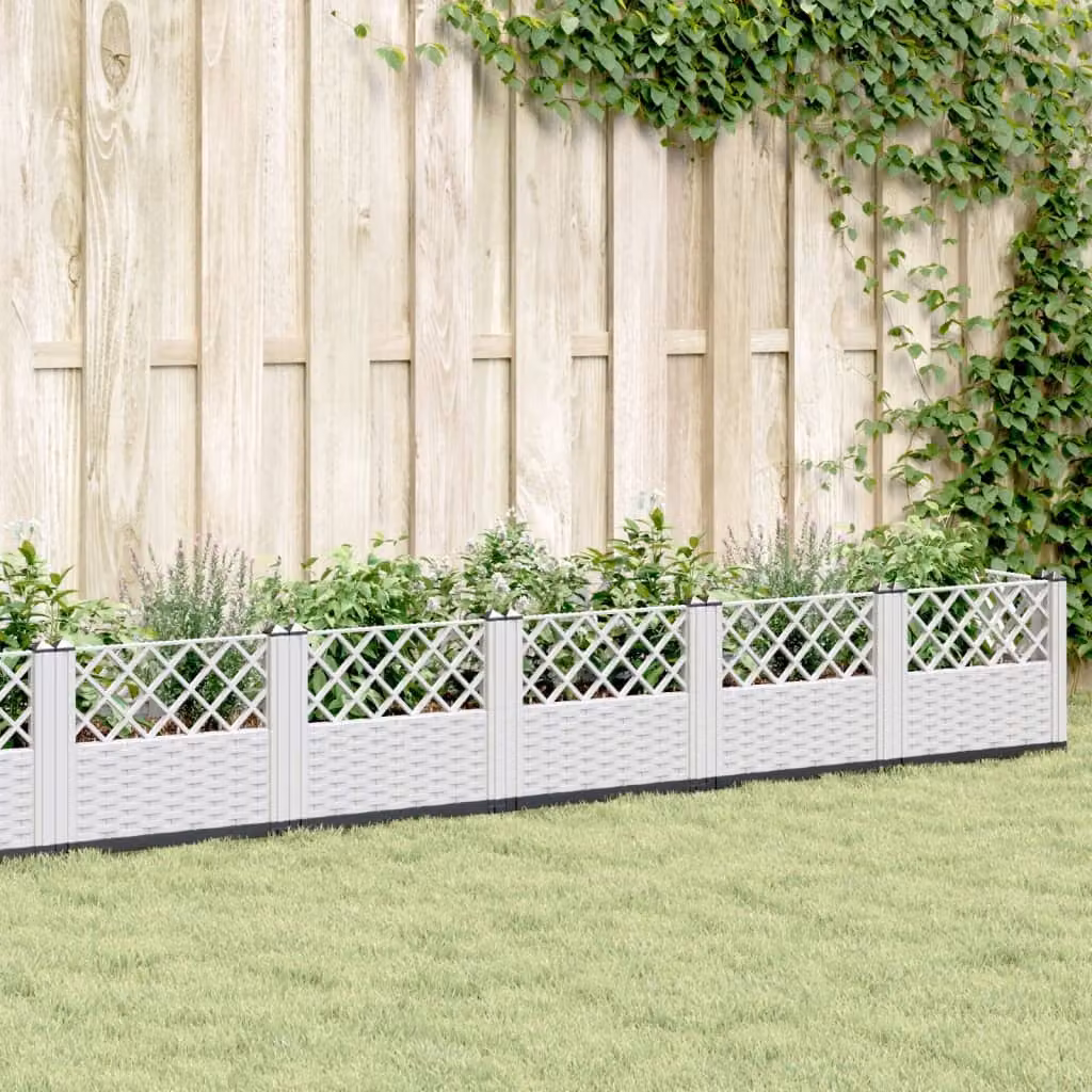 Fioriera da giardino con picchetti vidaXL bianca in plastica, L: 363,5 cm, P: 43,5 cm, H: 43,5 cm