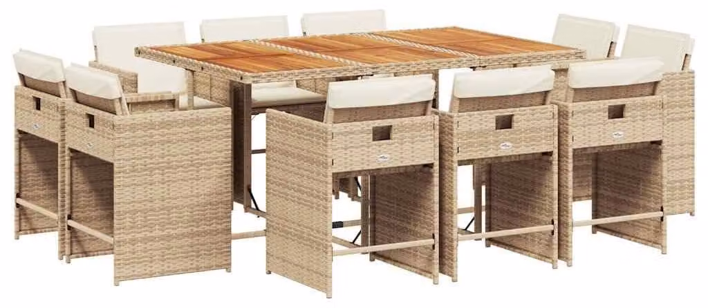 Tavolo da giardino e set da esterno da 11 pezzi, in rattan sintetico, colore beige, completo di cuscini