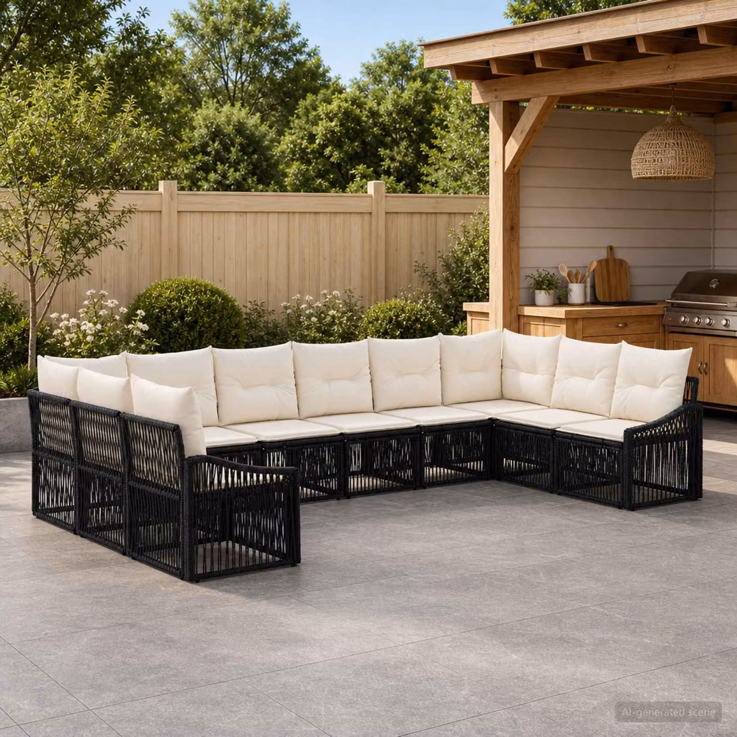 Set Divano da Giardino a Forma a U vidaXL in Polyrattan Nero con Cuscini e Struttura in Acciaio