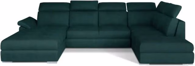 Divano panoramico convertibile MAJESTA di MEUBLORAMA, modello a U con angolo sinistro, rivestimento in velluto verde, con funzione letto e poggiatesta regolabile, L: 336 cm, P: 102 cm, H: 76 cm